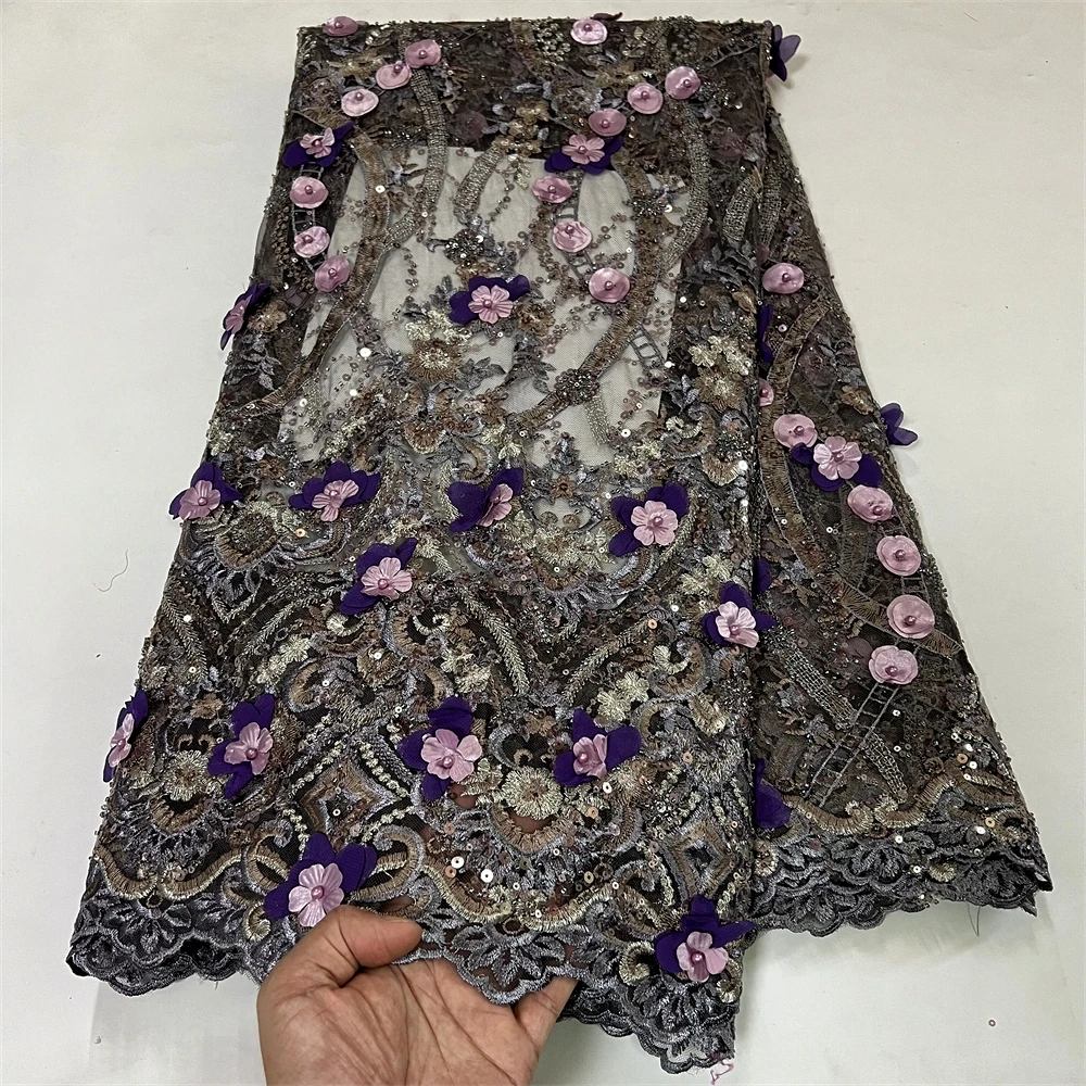 2024 High Quality African Nigerian Embroidery Tulle Lace Fabric Cotton Wedding Party Golden Dress Damask Sequins 5Yard H0348