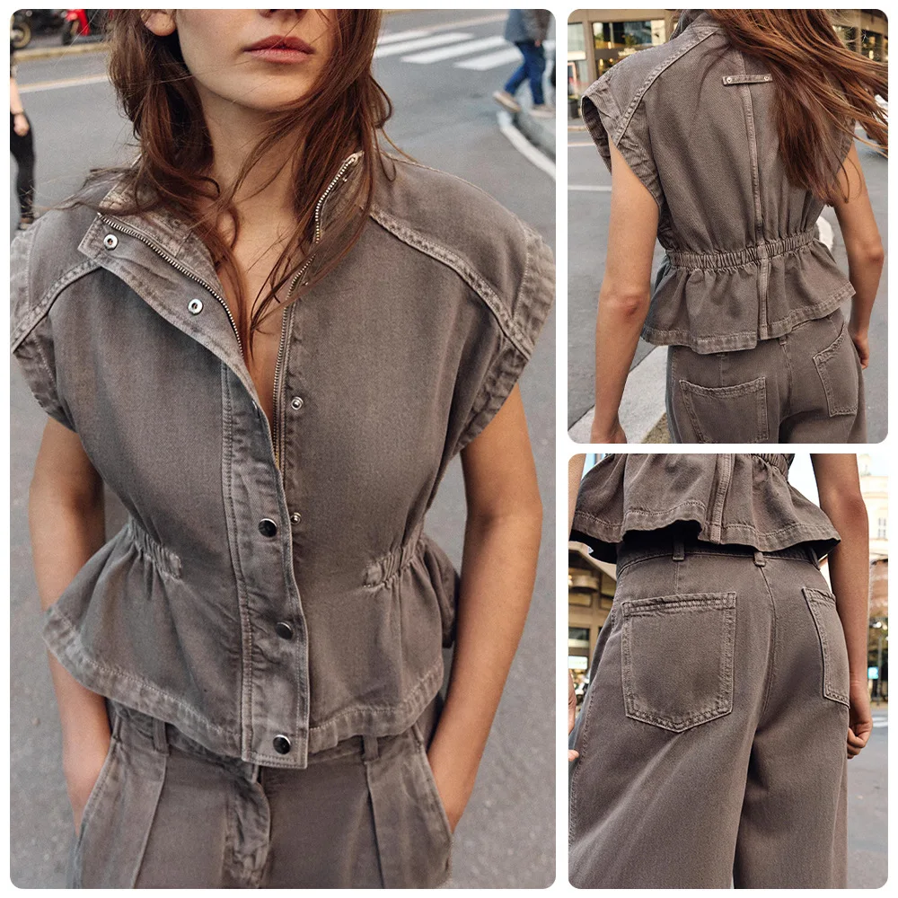 

2026 New Women Sleeveless Denim Suit Stand Collar Half Open Front Waist Cinched Vest High Waisted Wide Leg Denim Two Piece Set