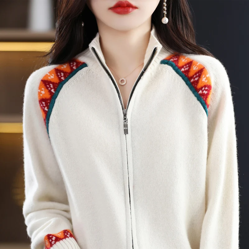 100% Pure Wool Women's Zipper Cardigan Cashmere Sweater Thickening Autumn and Winter Warm Color-blocking Jacket Femal