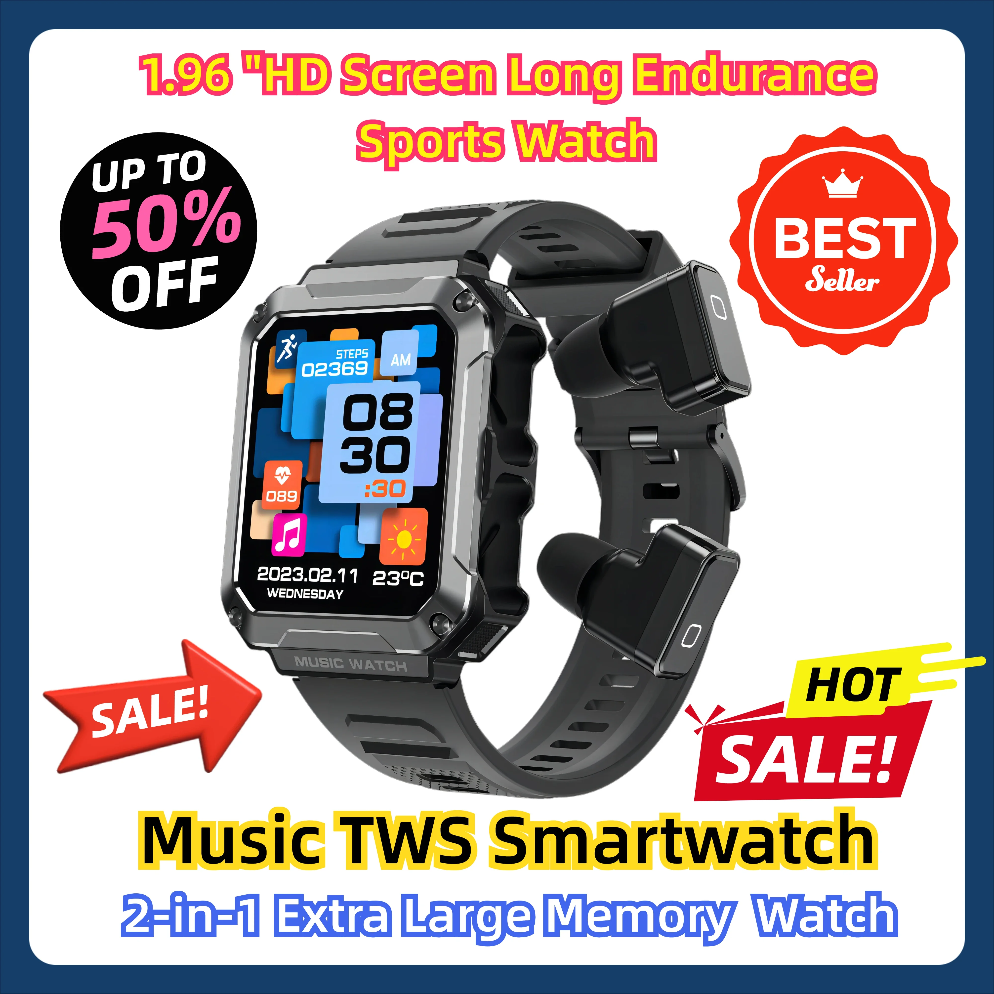 

2-in-1 Extra Large Memory Appearance 1.96 "HD Screen Long Endurance Sports Watch Local Music TWS Smartwatch