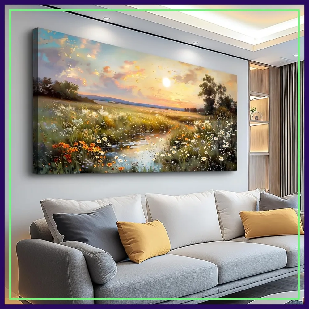 

Vintage Farmhouse Wildflower Canvas Wall Art for Living Room Bedroom Office Nature Landscape Picture Ready to Hang