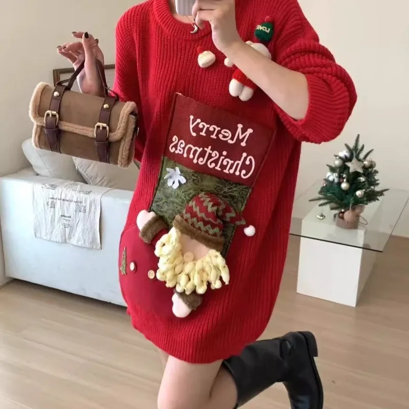 

Red Three-dimensional Santa Pullover Women's 2025 New Winter Thickened Casual Knitted Sweater
