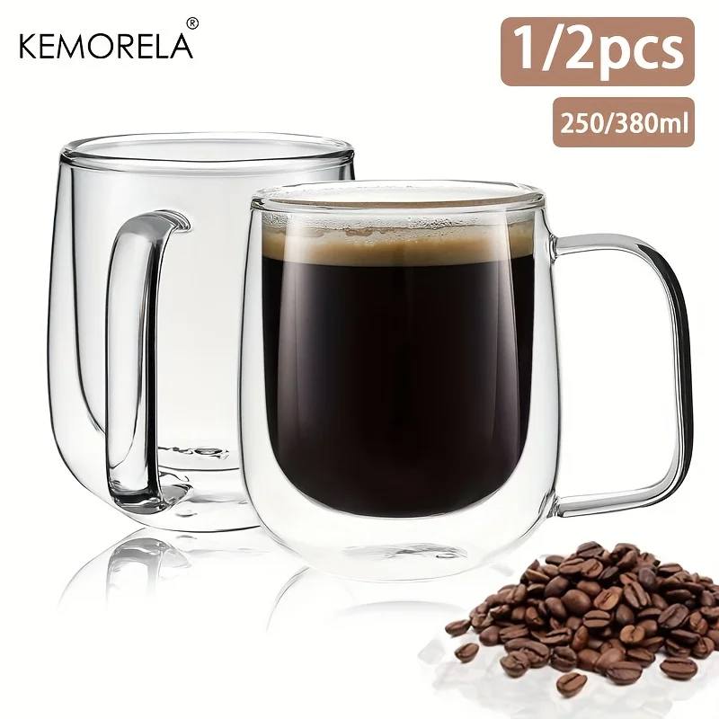 KEMORELA 1/2 Uds taza de café de doble pared con asa taza de café de vidrio transparente para café helado taza de té Latte bebida tazas resistentes al calor