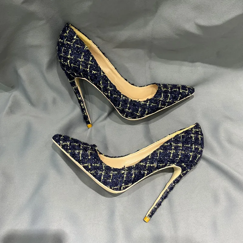 Tikicup Navy Blue Plaid Pattern Women Pointy Toe High Heel Shoes Elegant Ladies Chic Stiletto Pumps Customize 8cm 10cm 12cm