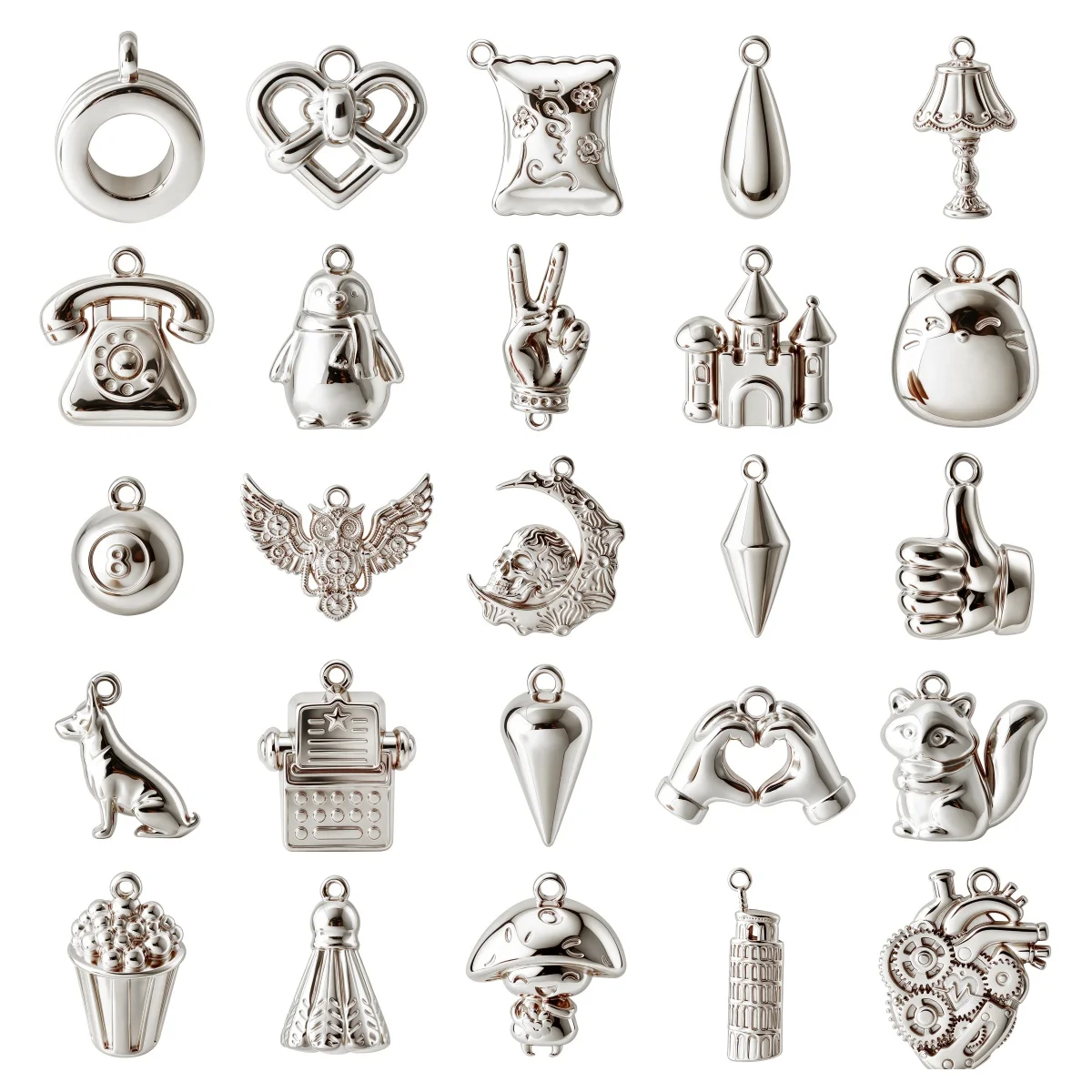 12Pcs Invariant Color Delicate Castle Heart Skull Moon Penguin Squirrel Stainless Steel Telephone Leaning Tower DIY Pendant Gift