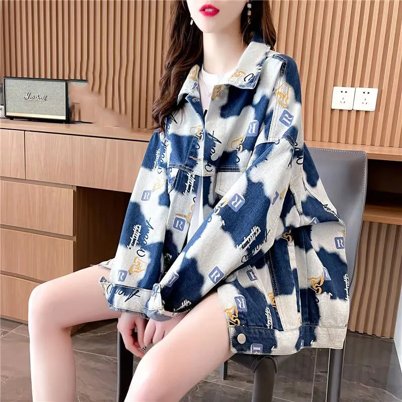 Lazy Wind Female Leisure Denim Jacket Design sense Ladies Printing Cowboy Coat Autumn Women New Long Sleeves Jeans Tops Outwear - Image 2