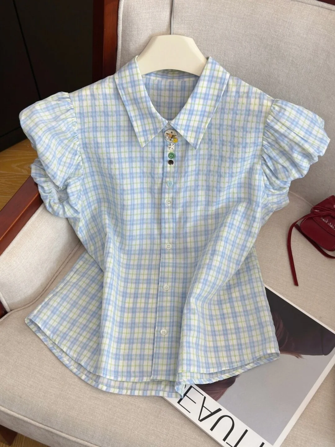 

Korean Style Cute Plaid Short Sleeve Shirt Women's Loose Outerwear Summer New Sweet Cotton Bubble Sleeve Open Cardigan