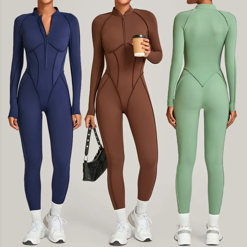 

Цельный комплект для фитнеса и йоги, спортивный костюм для бега с длинными рукавами, однотонный облегающий эластичный комбинезон для тренировок, дышащая спортивная одежда