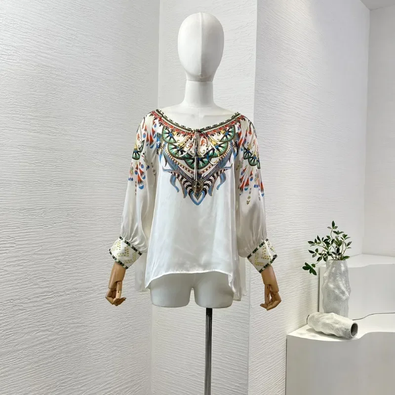 Pure Silk New Women 2024 High Quality Relaxation Vintage White Long Sleeve Floral Print Loose Blouse Tops