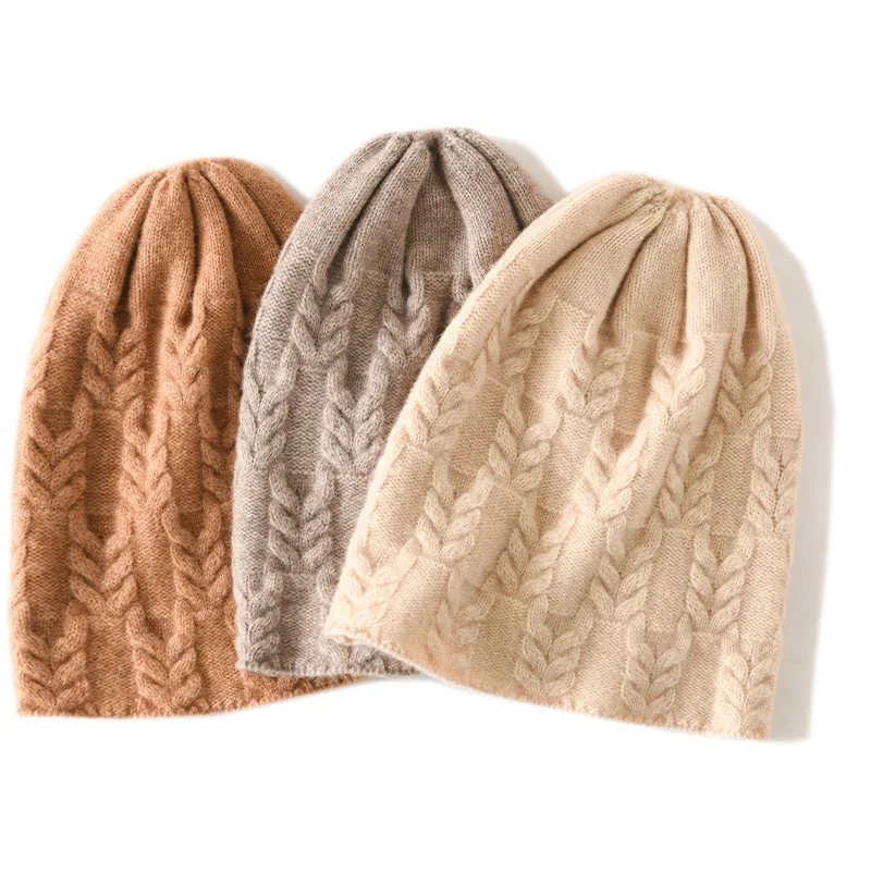 100% Goat Cashmere Knitted Beanies for Women Winter Warm Soft Skullies Hat For Girl Gorros Autumn y2k Fashion Korea Bonnet Cap