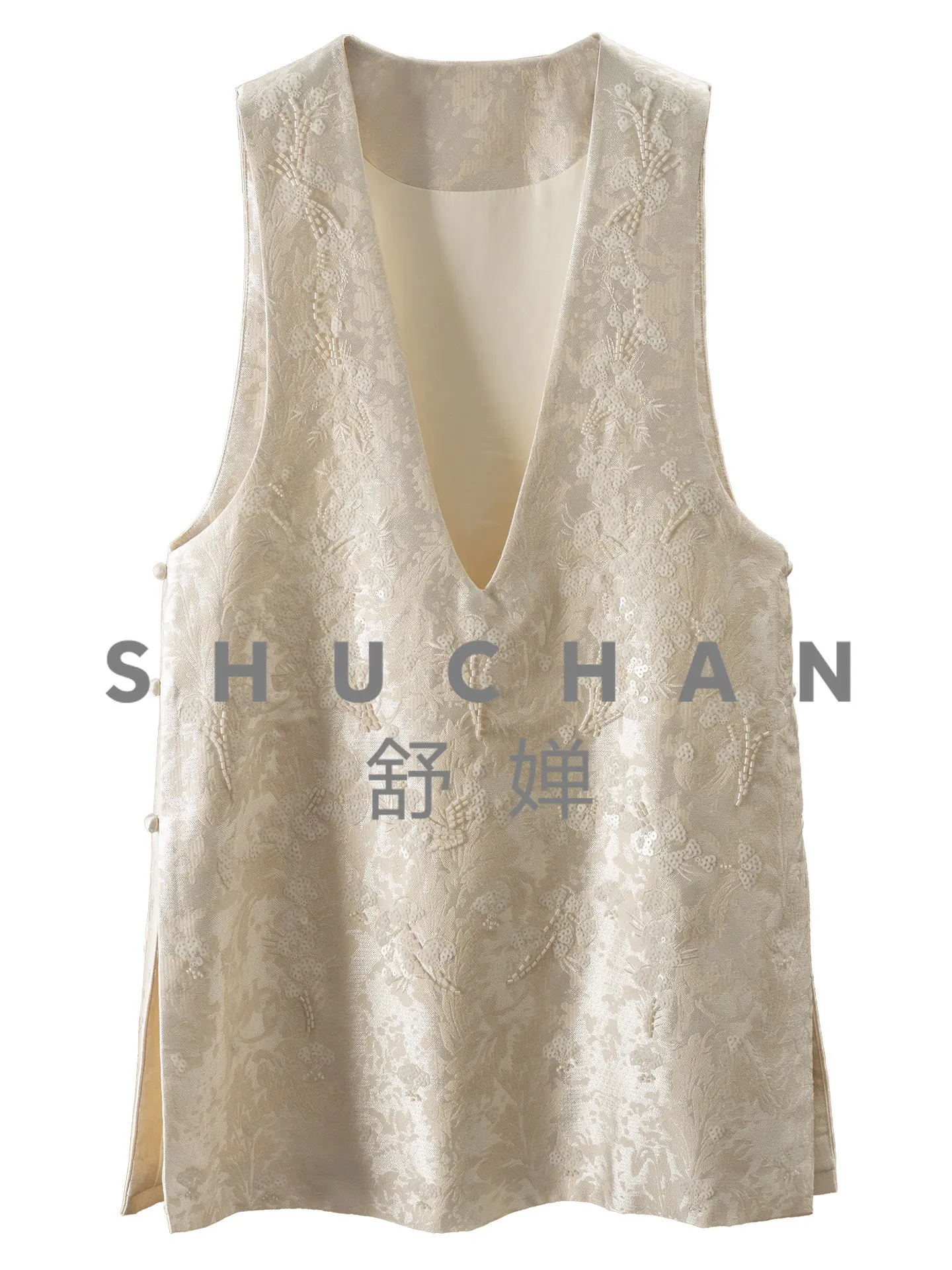 

Luxury and elegant old money, new Chinese style with silk linen heavy industry beads deep V-neck medium and long vest 21L3