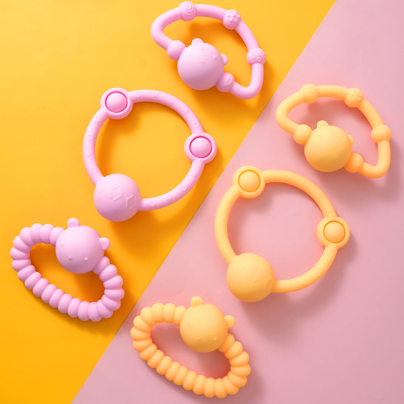 3PCS Baby Silicone Rattles Teether Toy Infant Tactile Sensory Toys Solid Color Baby Teether Ring Toys Cartoon Baby Accessories