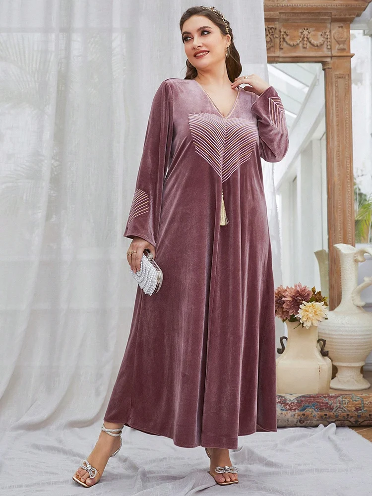 TOLEEN 2024 New Plus Size Women Minimalist Floral Print Long Sleeve Velvet Dress Autumn Winter Luxury Elegant Abaya Maxi Dresses