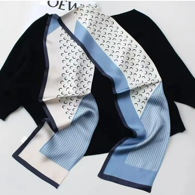 Blues Geometric Color Blocked Mulberry Silk Long And Narrow Scarf, Elegant And Fashionable Women's Scarf, Headband, Waist Belt,