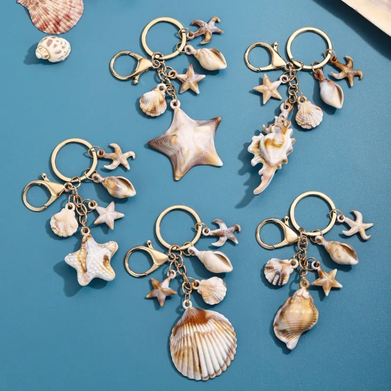 Creative Cute Simulation Seashell Starfish Keychain Summer Ocean‑Style Conch Shell Bag Charm Pendant Beach Souvenir Key Ring