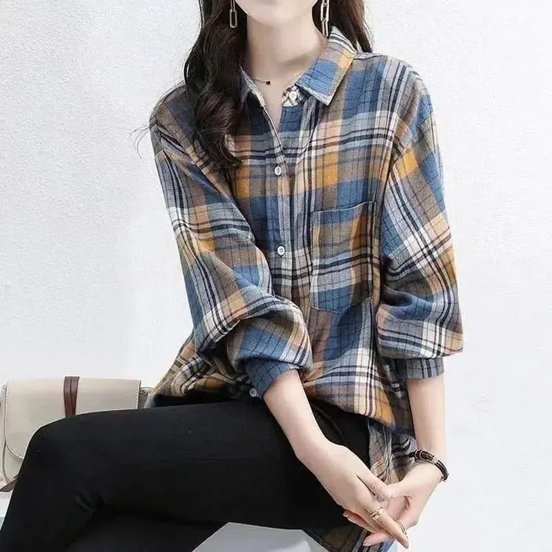 Spring Autumn Korean Plaid Loose Blouse Commute Single-breasted Women's Clothing Turn-down Collar Casual Pockets Spliced Shirt