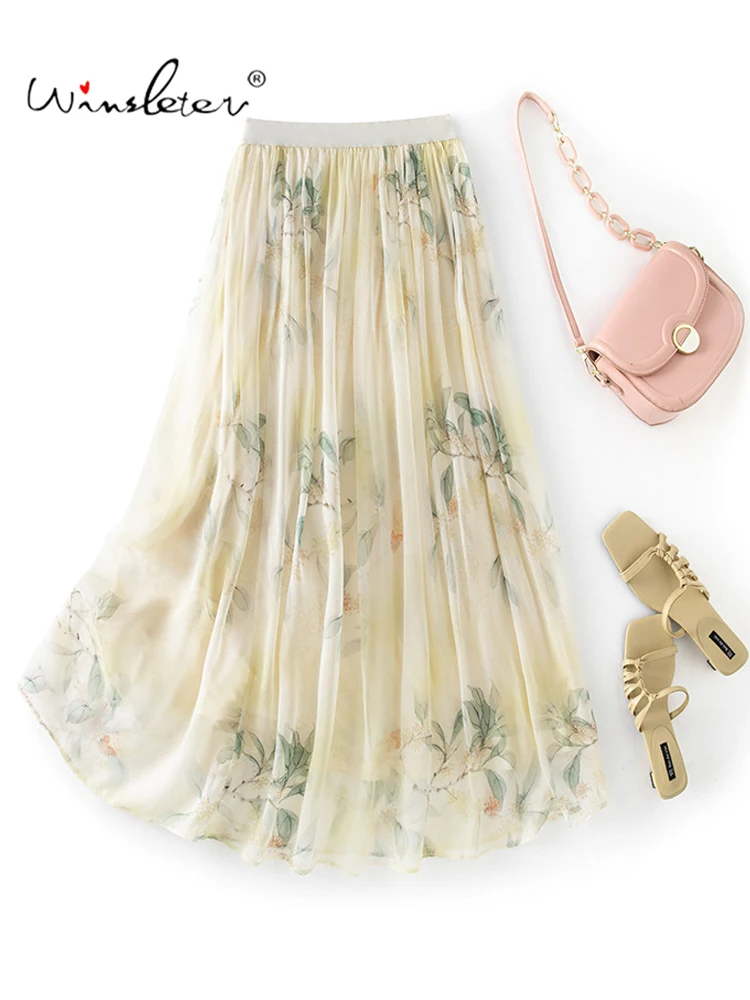 Winsleter-8MM 100%Silk Elegant Skirts, Elastic Waist Print, Women Vacation Gentle Thin A-line Skirt, 2026 Autumn New B69441CC