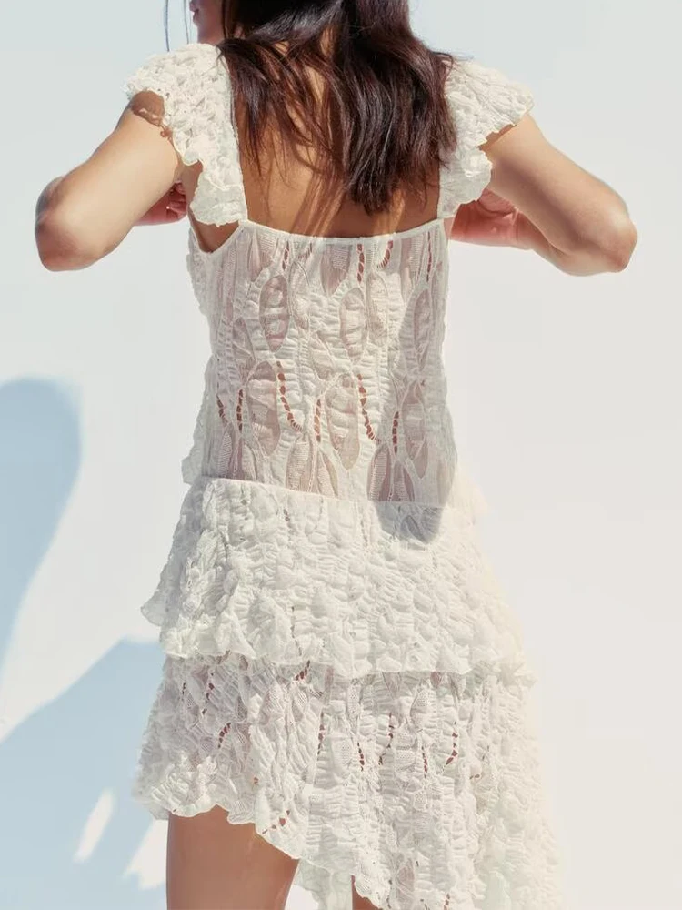 Estilo europeu e americano verão novos produtos roupas femininas suspender versátil renda em camadas vestido decorativo