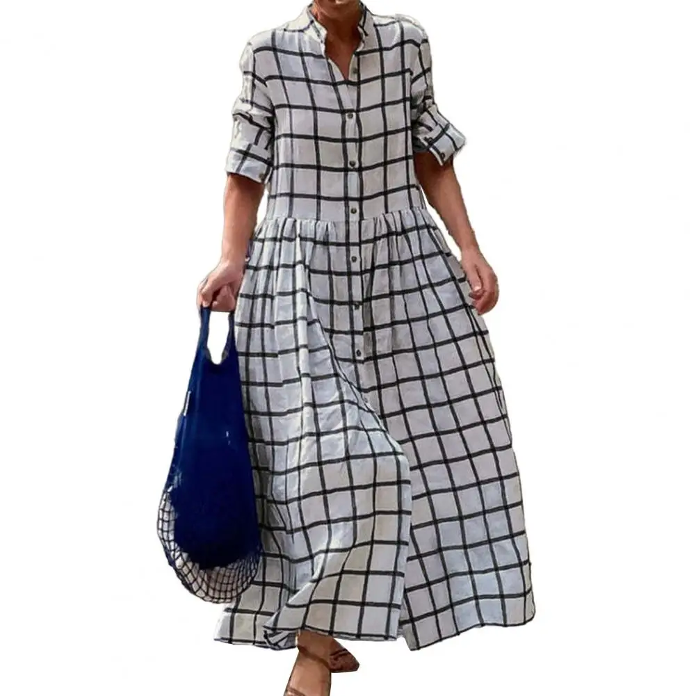 Women Spring Fall Dress Plaid Print Matching A-line Patchwork Loose Hem Single-breasted Pleated Long Sleeve Lapel Maxi Dress