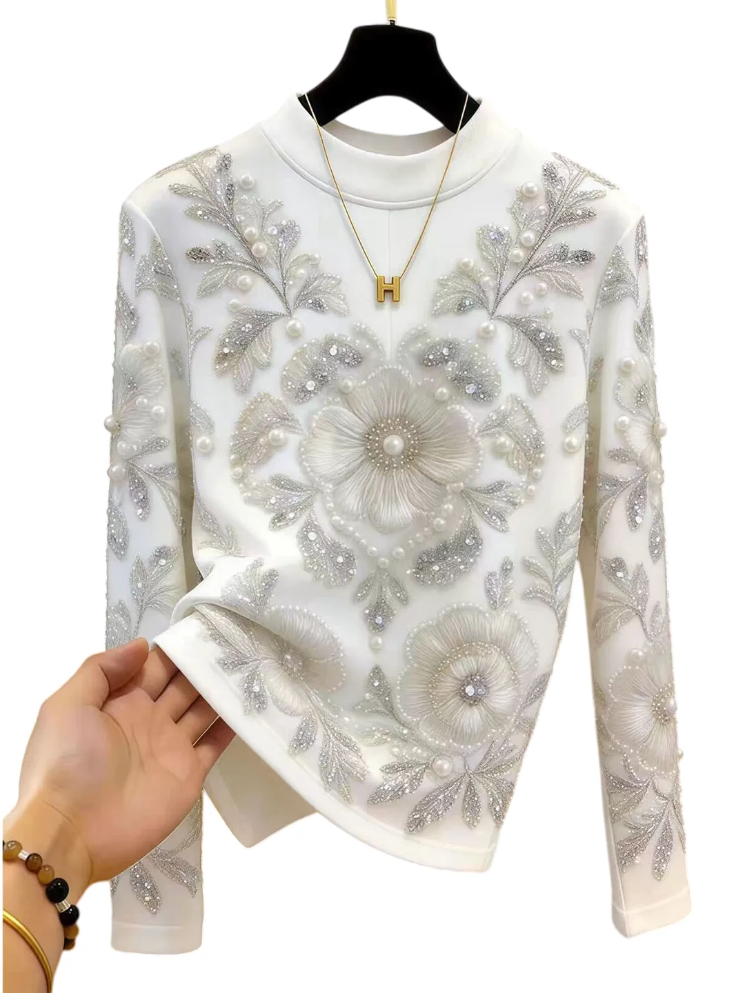 Fashionable Long Sleeve T-Shirt Beautiful Glittering Nail Beads Women's Premium Feeling Autumn Wear Korean Style Loose Fit
