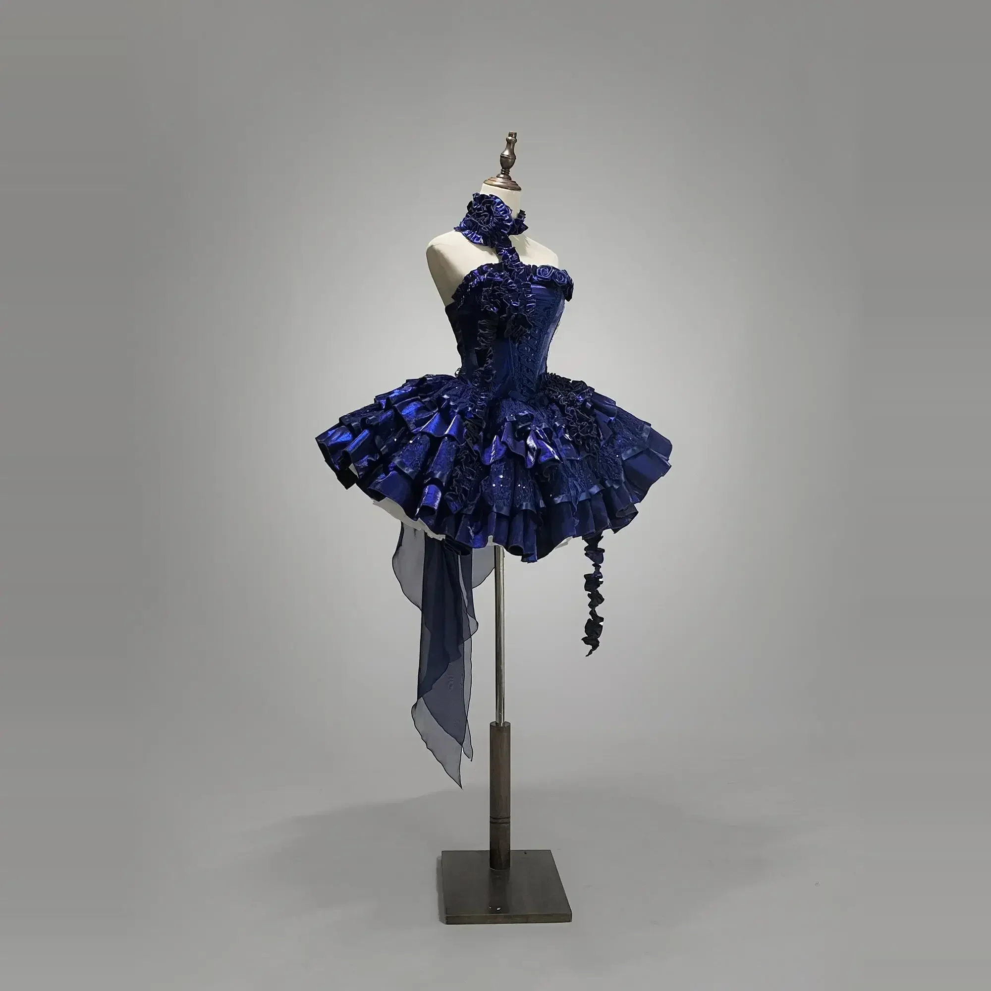 Vestido de princesa azul Lolita para mujer, vestido gótico de cintura alta, ajustado, elegante, a la moda, con volantes rosas en 3D, sin tirantes y sin mangas