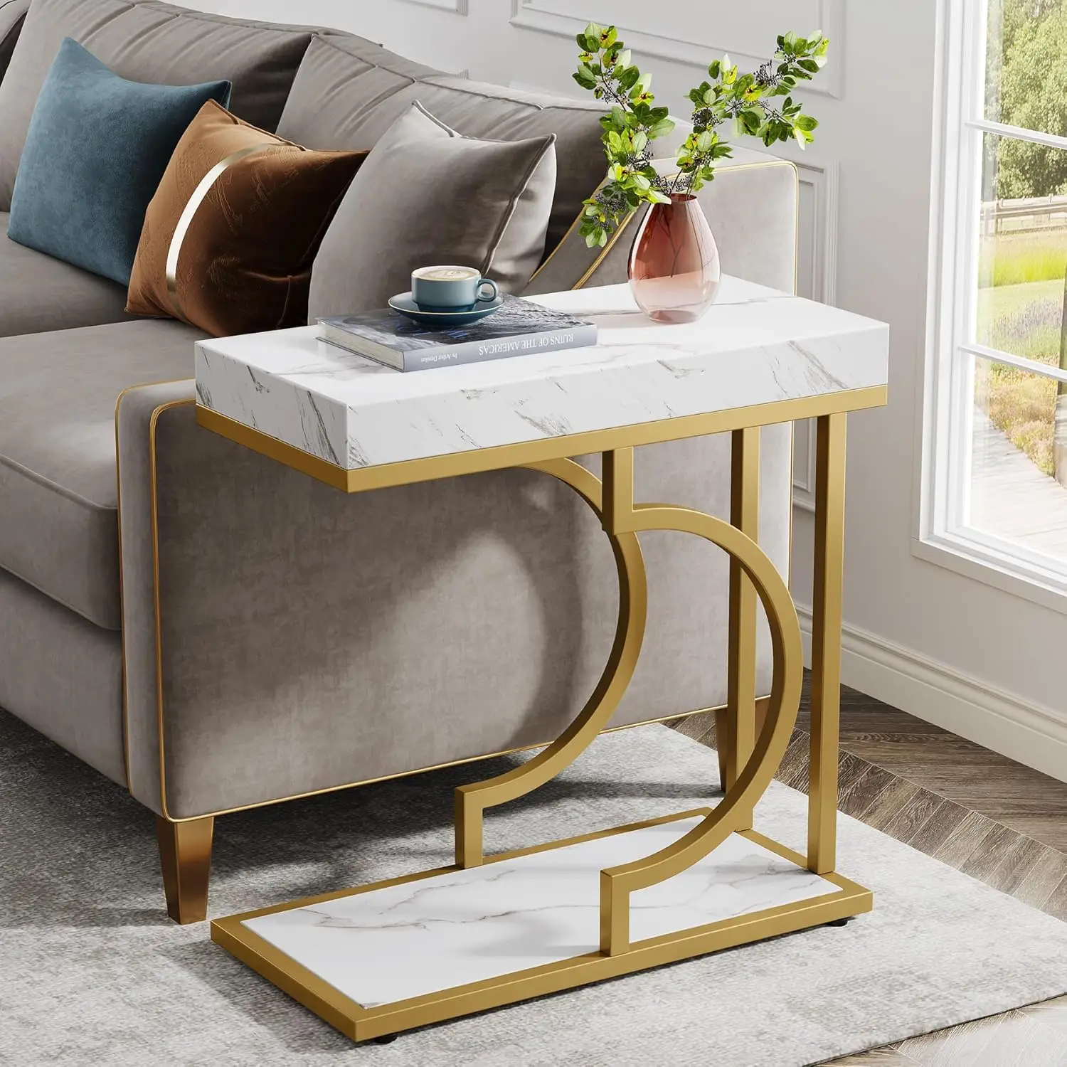 

Narrow Side Table White Gold Side Table C Shaped End Modern Bedside Small Side for Couch