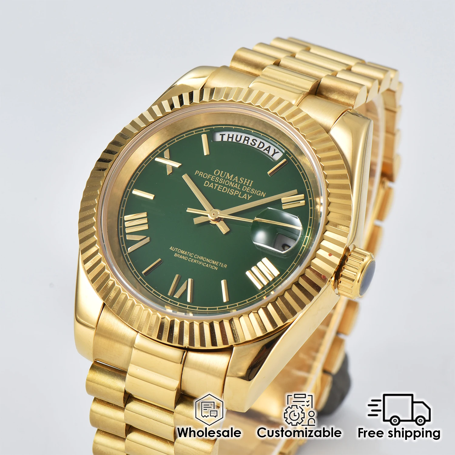 39mm luxury gold men's watch MIYOTA8285 automatic mechanical movement date/week display sapphire glass business watch