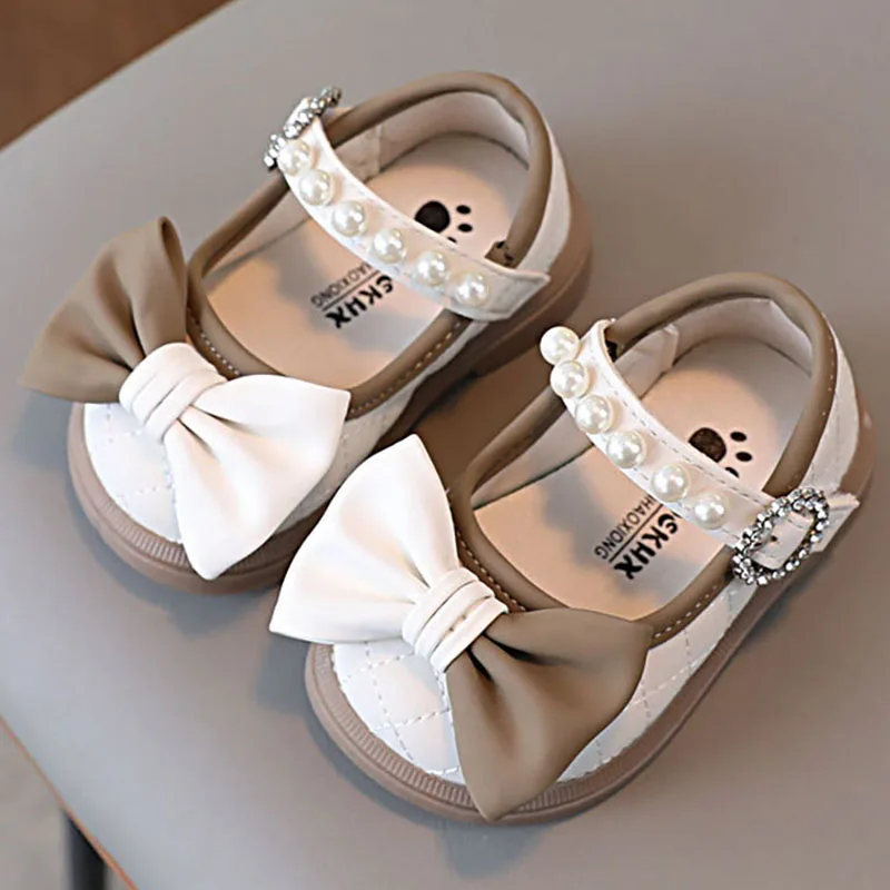 Korean Style Princess Shoes For Girls PU Leather Luxury Pearl Bow Little Girl's Toddler Shoes Ergonomics Soft-soled Party Shoes