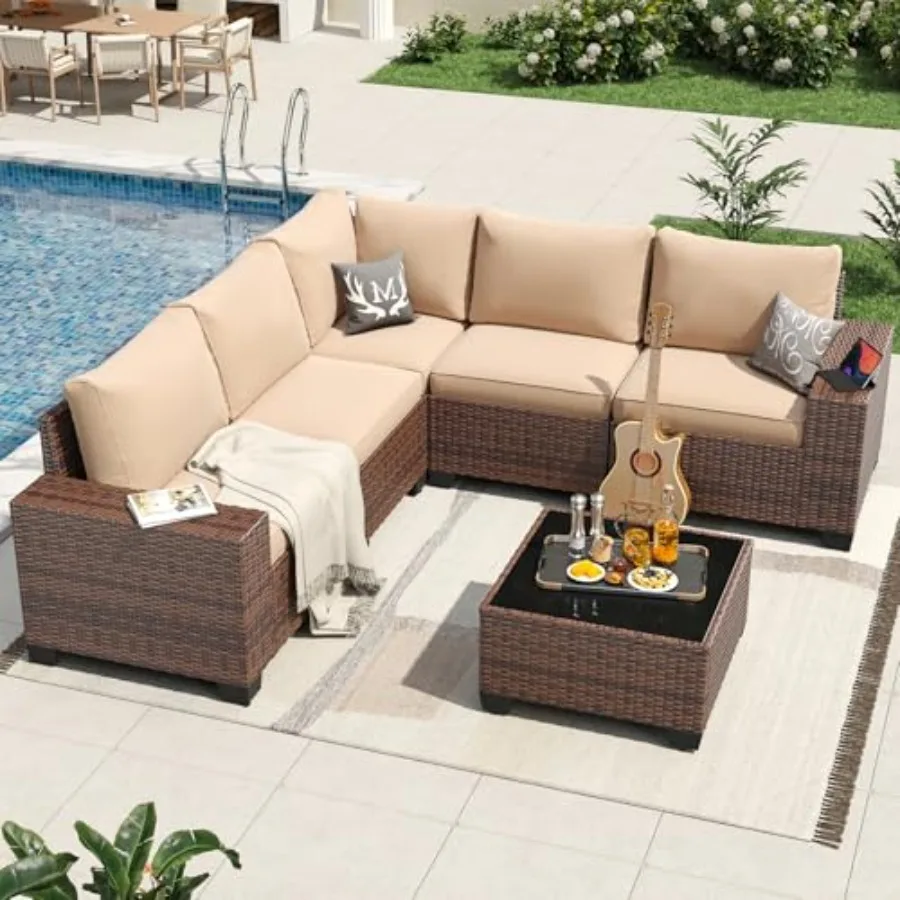 

6 Pieces Patio Furniture Set Wicker Rattan Outdoor Sectional Conversation Set with Coffee Table and 4" Thickened Cushions, Beig