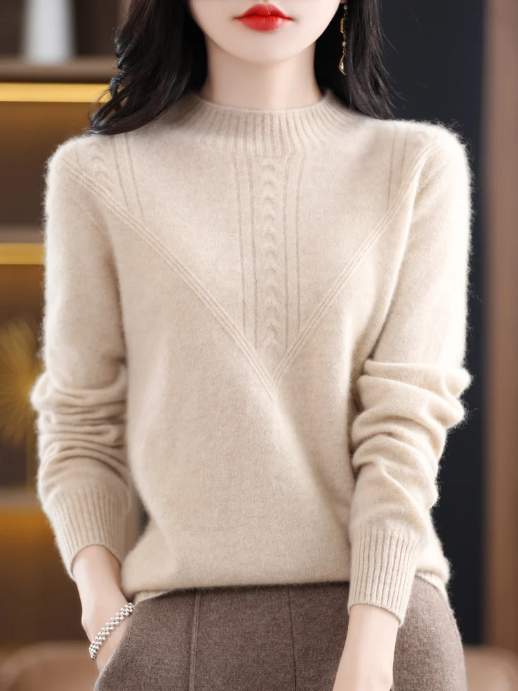 

Autumn Winter Sweater Women's Mock Neck Pullovers Long Sleeve 100% Merino Wool Knitwear Cashmere Solid Soft Female Clothing Tops