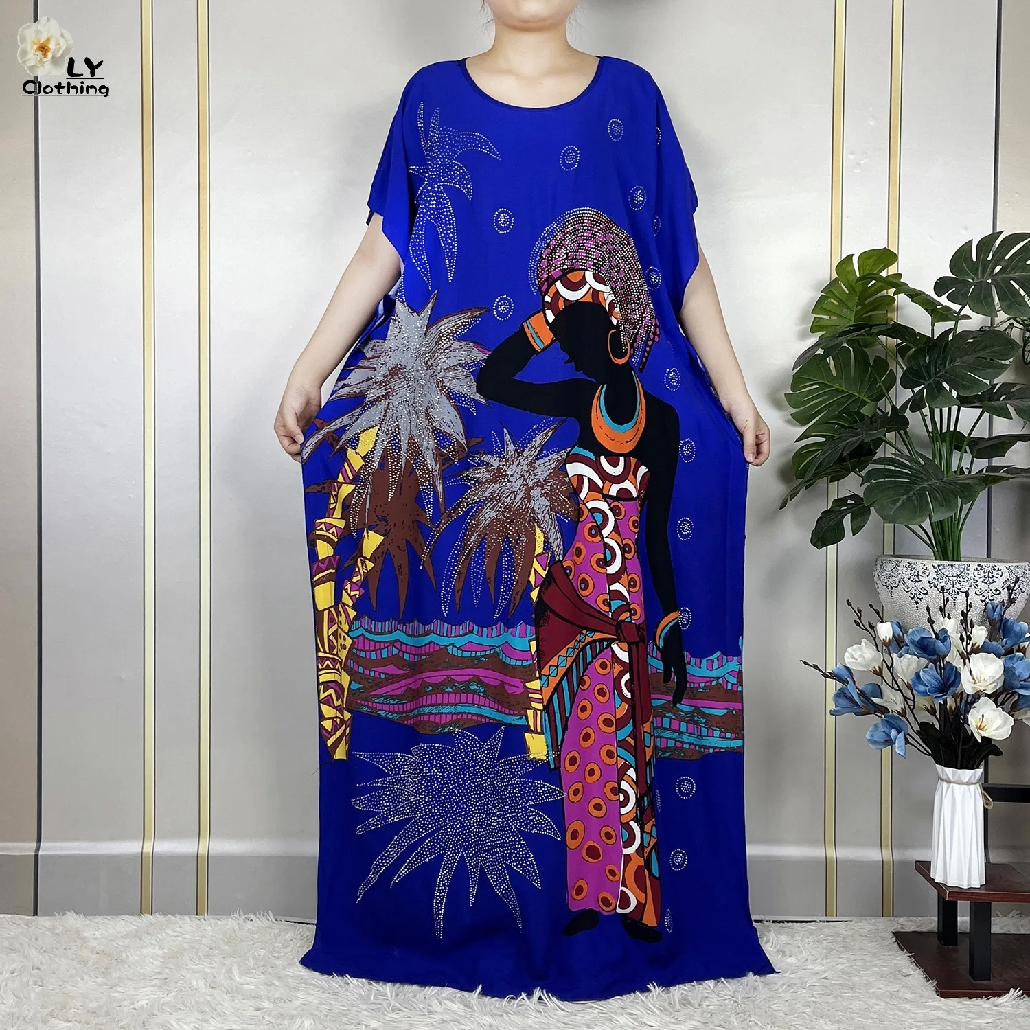 New African Abaya Summer Dress With Big Scarf Women Short Sleeve Dashiki Diamond Printed Floral Loose Cotton Maxi Islam Clothing