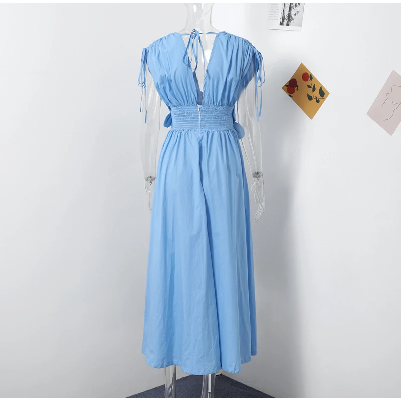 Elegant 3D Flower Solid Pleated Long Dress Women Chic V Neck Short Sleeved Drawstring Lace Up Robes Summer Lady Fashion Dresses