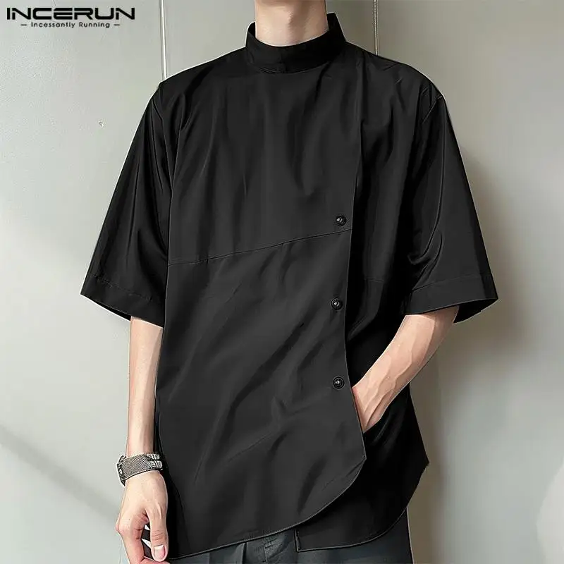 INCERUN Tops 2024 Korean Style Handsome Men's Fashion Slanted Placket Design Shirts Casual Loose Solid Half Sleeved Blouse S-5XL