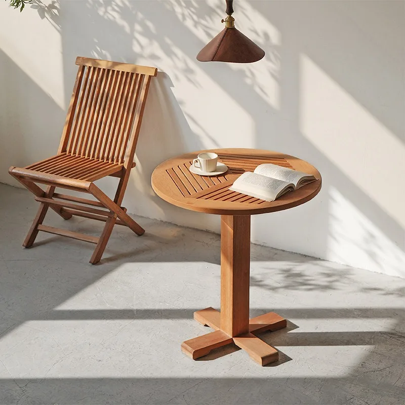 Old elm outdoor courtyard small round table and chair combination, homestay coffee table coffee table, wabi sandy wind solid