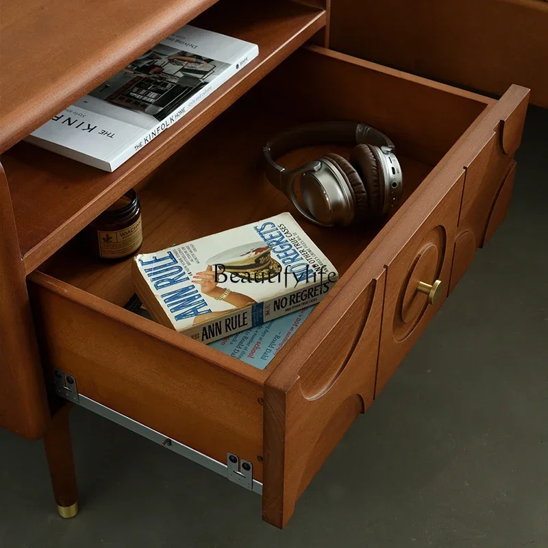 LD33 طاولة بجانب السرير من الخشب الصلب من العصور الوسطى، خزانة تخزين بجانب السرير منحوتة من خشب البقس