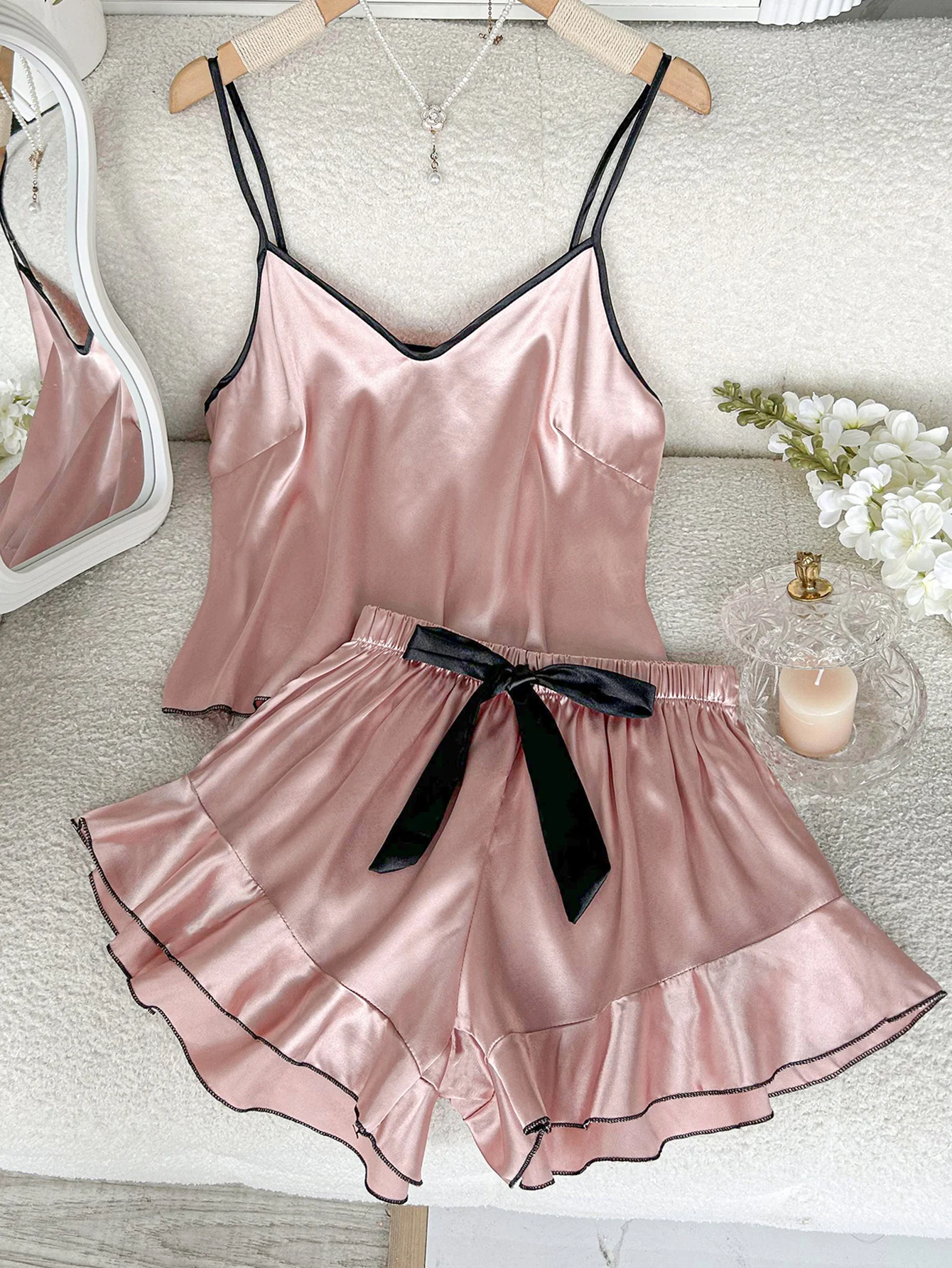 New Women Pajama Set Summer Cami Top with Ruffle Shorts 2 Piece Sleepwear Elegant and Simple Black Bow Trim Nightwear