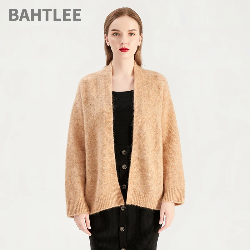 BAHTLEE-Women's Mohair Knitted Cardigan, Long Sleeves Wool Coat, Casual Loose Style, Spring, 4 Colors