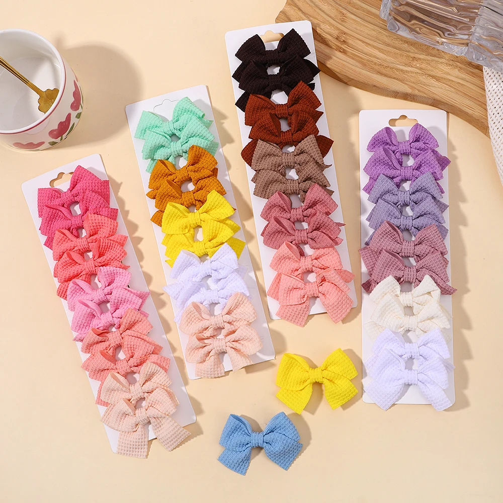 10Pcs/set Soft Cotton Bow Hairpin Girl Sweet Plaid Design Hairclip Solid Color Lovely Hairgripe Barrettes Kids Hair Accessories