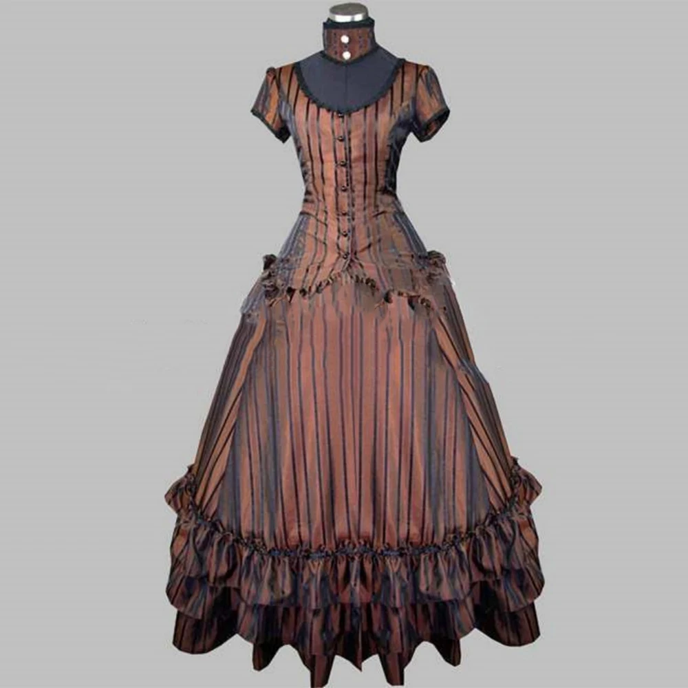 

Women Gothic Steampunk Striped Bustle Dress Medieval Victorian Civil War Southern Belle Ball Gown Historical Masquerade Outfits