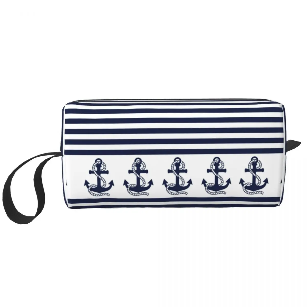 Nautical Blue Large Makeup Bag Zipper Pouch Travel Cosmetic Bags Anchor Rudder Sailing Ships Marine Ocean Portable Toiletry Bag