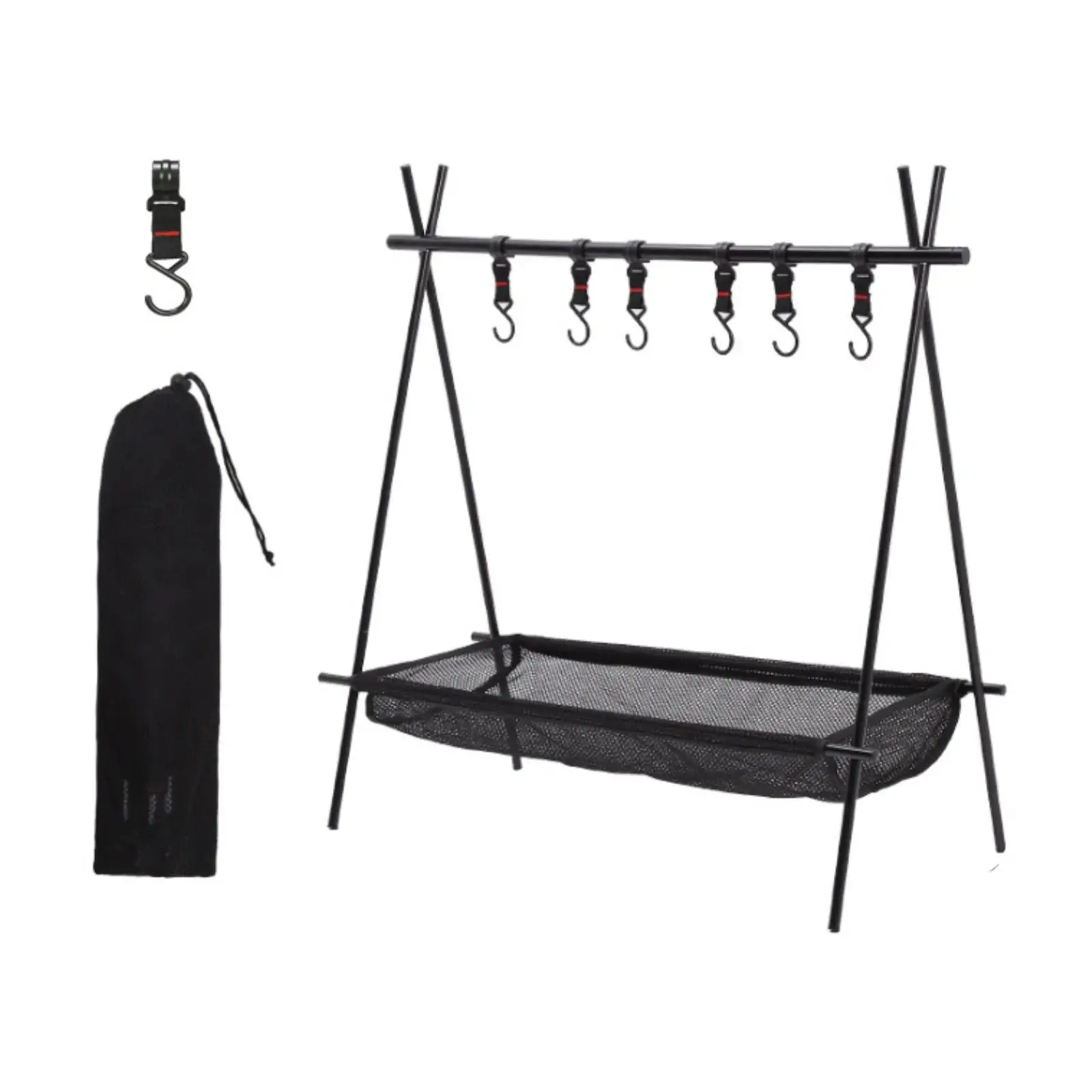 Rack dobrável para acampamento com ganchos e bolso de rede ao ar livre para piquenique, caminhadas, churrasco