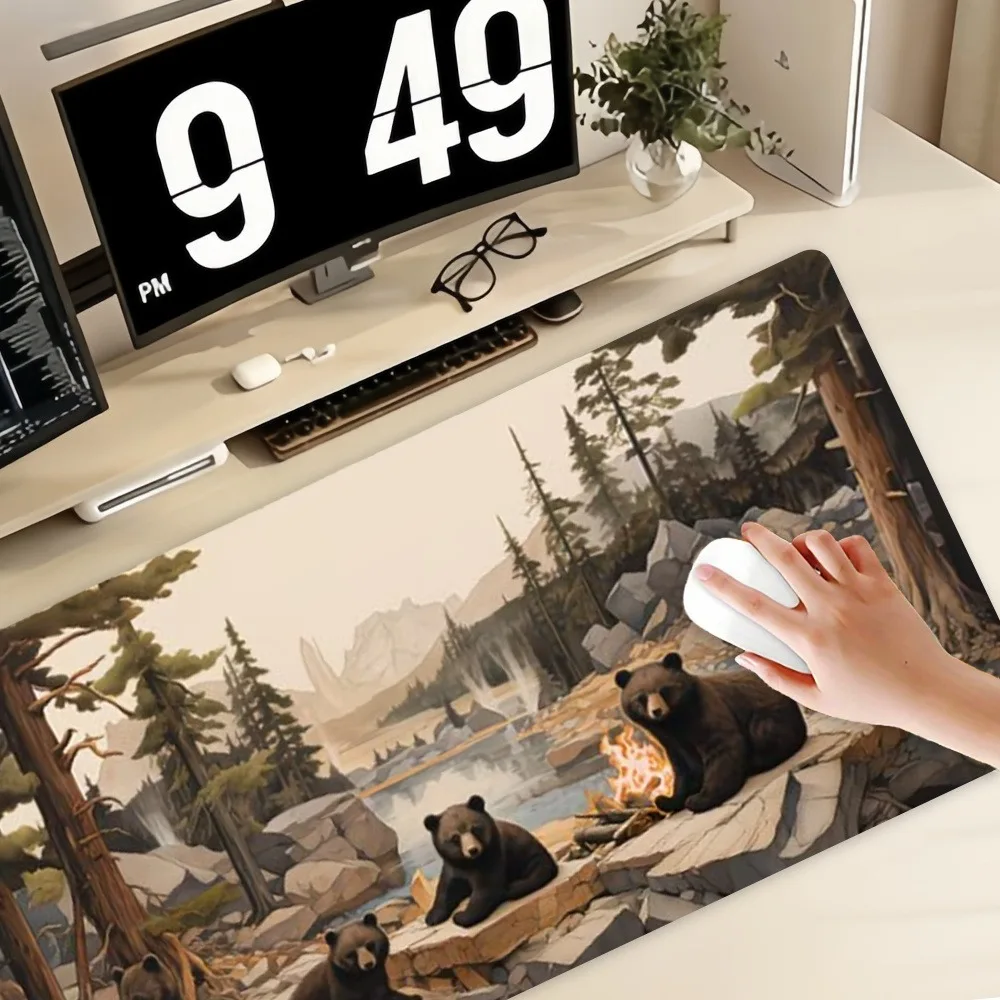 Large-sized forest wildlife desk mat and mouse pad, featuring a bear family landscape design alfombrillas para escritorio