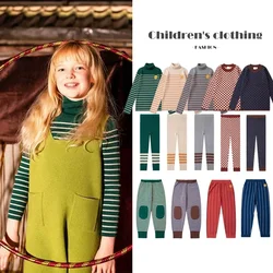 New KP Girl Turtleneck Sweater 2024 Autumn/Winter Fashion Striped Children's Sweater Knitted Pants Set Cotton Baby Boy Clothes