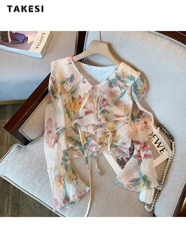 

2023 Summer Elegant Sweet V-neck Lace-up Spliced Long Sleeve Shirt Women's Causal Floral Print Thin Blouses Chiffon Tees Top