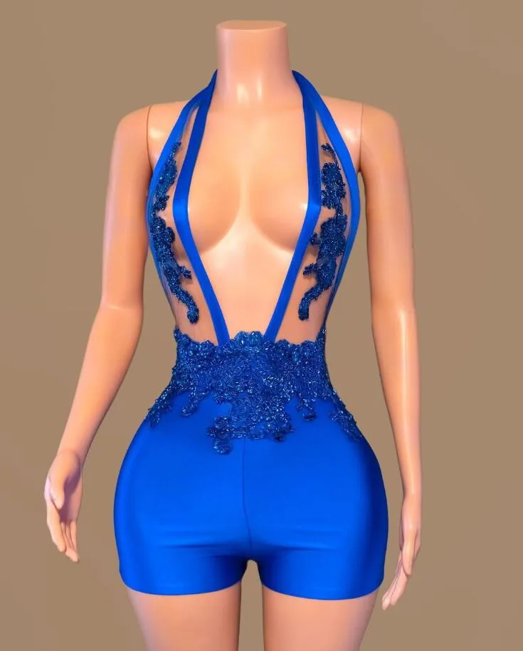 King Blue Short Bodysuit Prom Dresses for Women Luxury Crystal Sheer Mesh Birthday Party Gown vestidos de fiesta para mujer