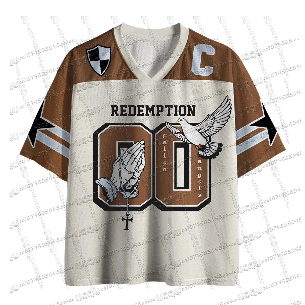 2025 New American God Is Good Christian Mesh Jersey Tshirt V-neck Loose Fashion Hip Hop StreetWear Summer Women's Y2K Casual Top