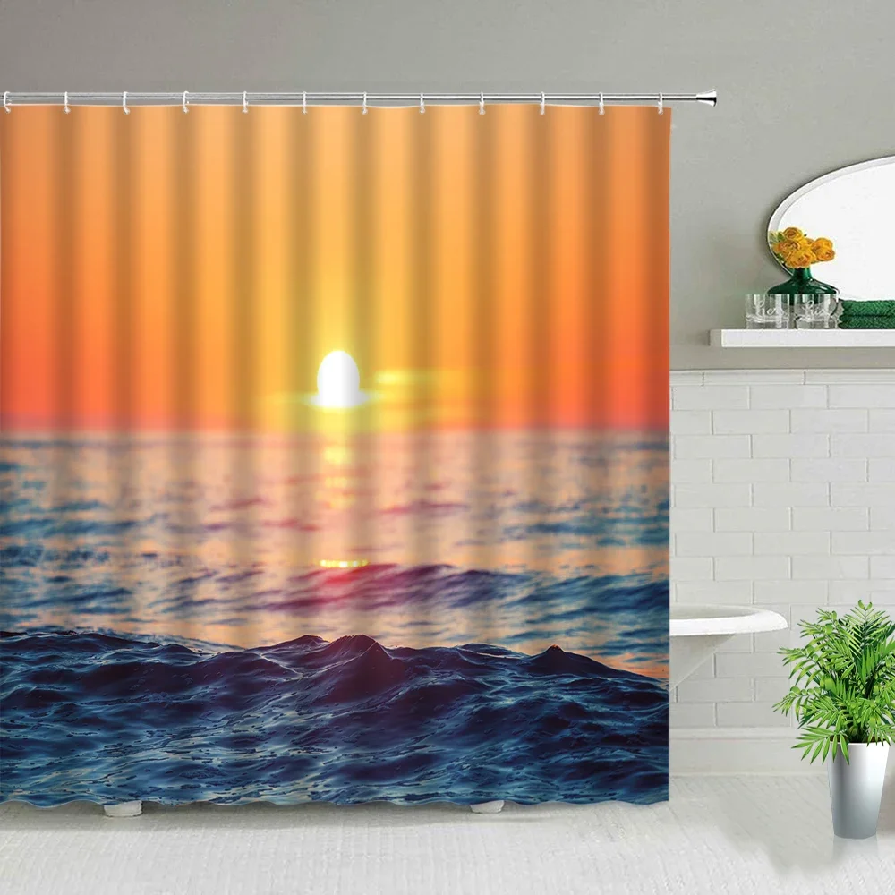 Sunset Dusk Seascape Home Decor Shower Curtain Bathroom Accessories Bathroom Bathtub Waterproof Partition Curtain with Hooks
