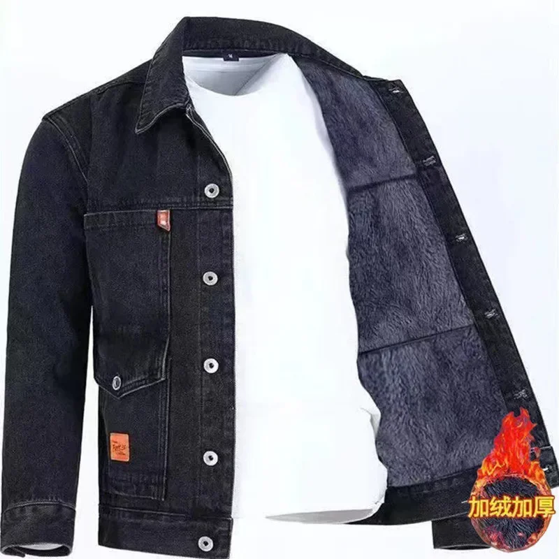 Jaket Denim klasik Semua cocok pria, jaket Denim bulu tebal hangat kualitas tinggi musim gugur dan musim dingin S-5XL