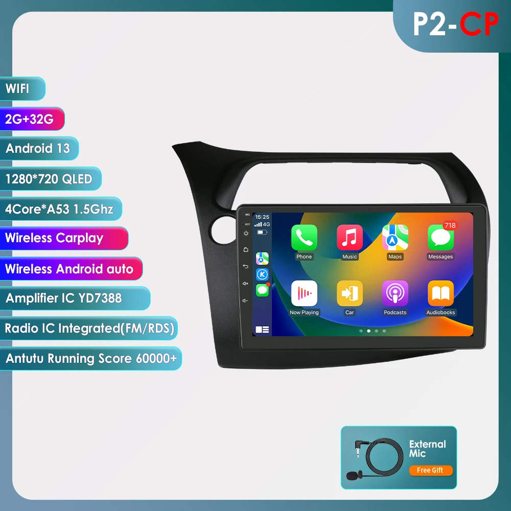 Android13 Autoradio Voor Honda Civic Hatchback 2005-2011 Auto Multimediaspeler Draadloze Carplay 4G-Let 2din Autoradio 360Camera