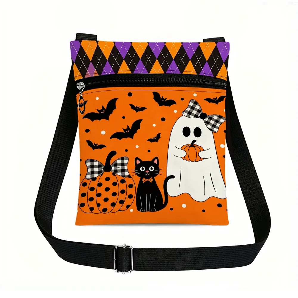 Halloween Ghost Pumpkin Crossbody Bag Portable Compact Phone Bag with Zipper Closure Perfect for Outdoor Walks Daily Use